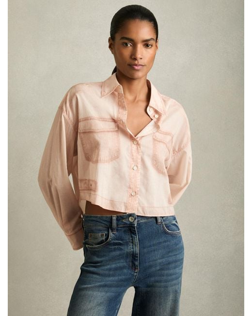 Reiss Blue Cotton Denim-Print Cropped Shirt