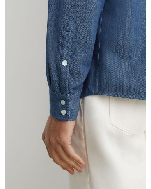 Reiss Blue Denim Western Press-Stud Shirt Regular-Fit for men