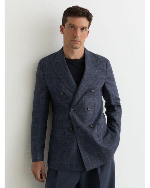 Reiss Blue Adoro - Navy Linen Check Double-breasted Tailored-fit Blazer, 42 for men