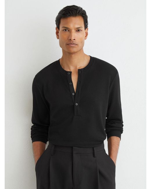 Reiss Black Ribbed Long-Sleeve Henley T-Shirt for men