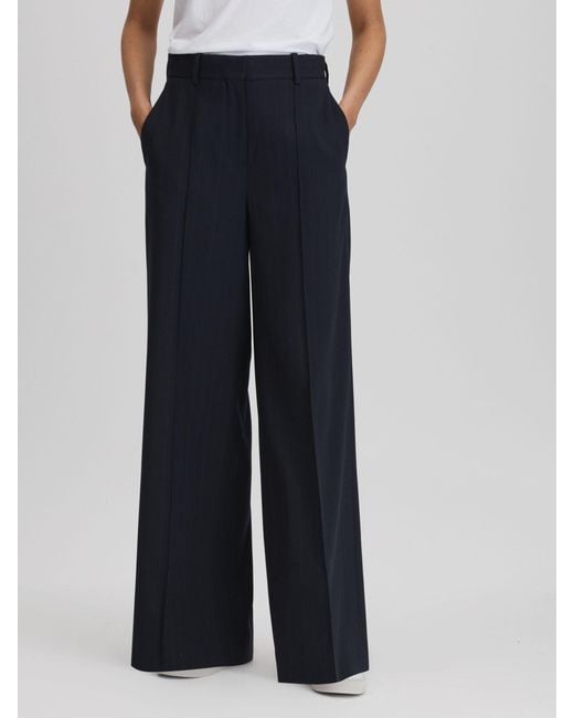 Reiss Blue Willow - Navy Wool Blend Wide Leg Pinstripe Trousers