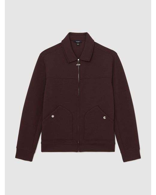 Reiss Brown Newland - Cherry Red Premium Interlock Zip-through Overshirt, Small for men