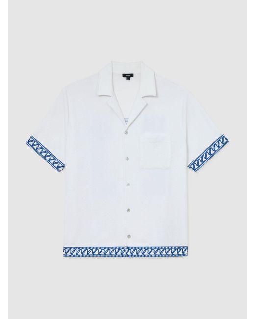 Reiss Blue Bleeker - White Cotton-blend Towelling Embroidered Shirt, Large for men
