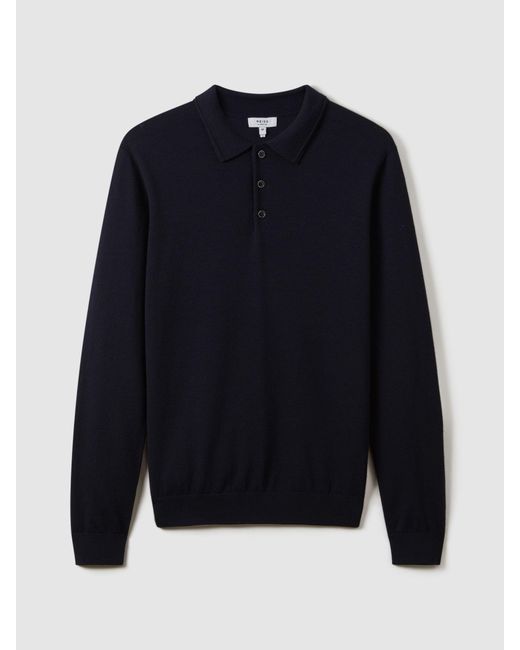 Reiss Blue Merino Wool Long-Sleeve Polo Shirt for men