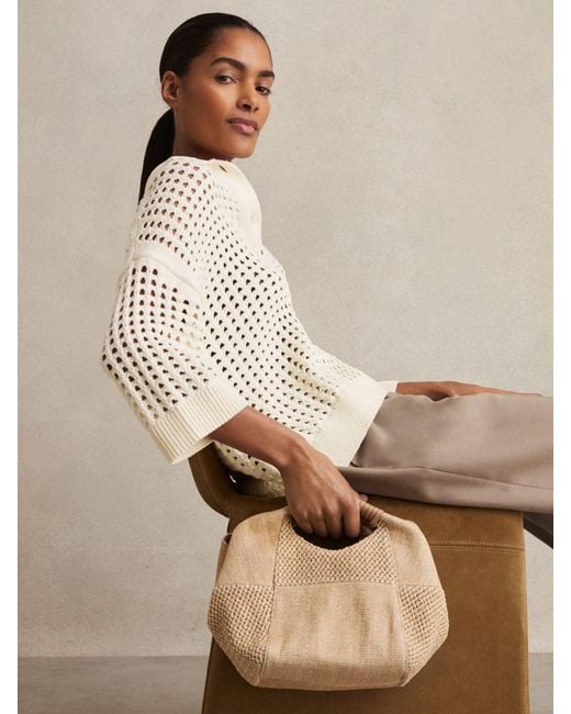 Reiss Natural Rosalie Raffia Patchwork Clutch Bag