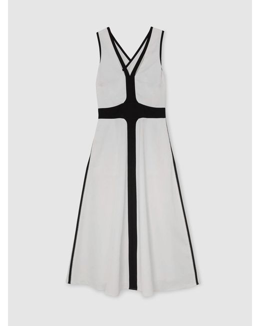 Reiss White Petite Contrast-Trim Cross-Back Midi Dress With Linen