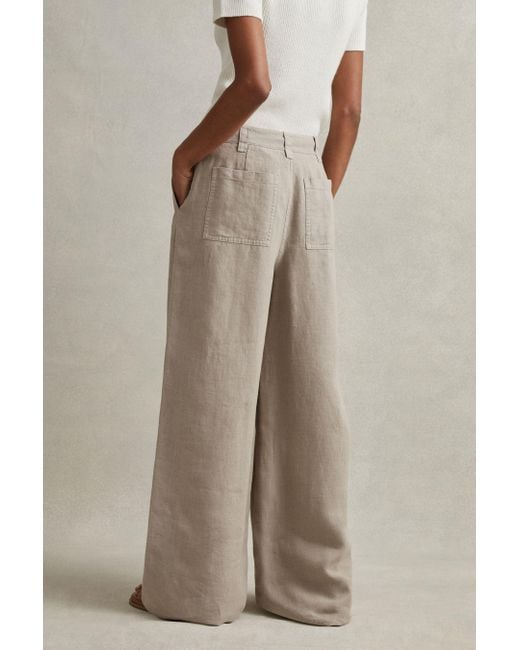 Reiss Natural Demi - Light Khaki Linen Wide Leg Garment Dyed Trousers, Uk 4 R