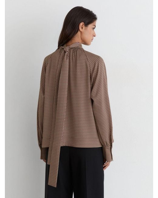 Reiss Brown Geometric-Print Tie-Neck Blouse
