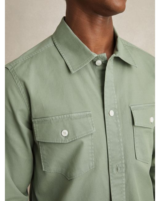 Reiss Green Cotton Twill Twin Pocket Overshirt With Stretch for men