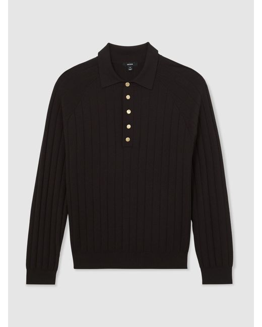 Reiss Black Wide-Ribbed Half-Button Polo Jumper for men