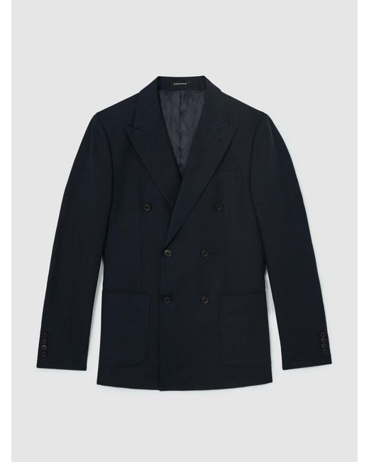 Reiss Blue Tailored Fit Linen Double-Breasted Suit Blazer for men