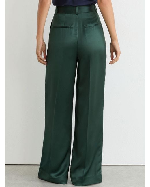 Reiss Green Petite Satin Wide-Leg Pleated Trousers