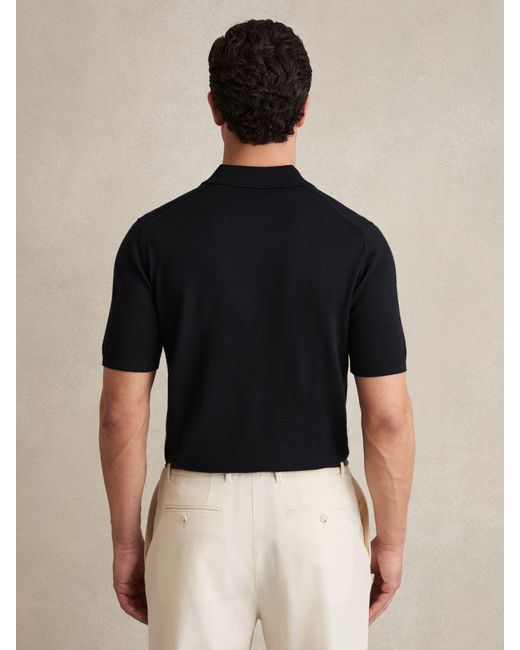 Reiss Black Merino Wool Open-Collar Polo Shirt for men