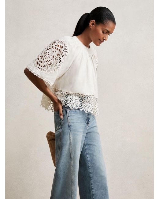 Reiss Brown Linen Embroidered Swing Top