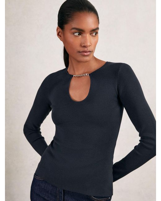 Reiss Blue Chain-Detail Keyhole Knit Top