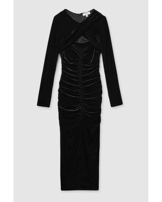 Reiss Black Velvet Ruched Twist-Front Midi Dress