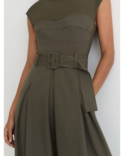 Reiss Green Khaki Ava Mesh-Panel Belted Pleated Midi Dress