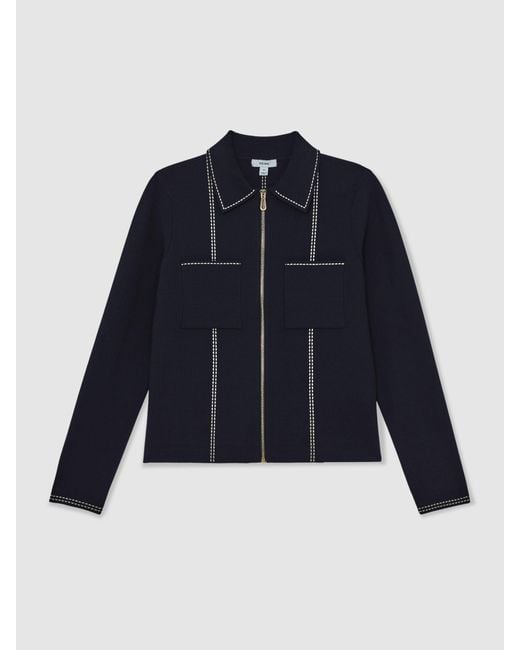 Reiss Blue Stitch-Detail Zip-Through Cardigan