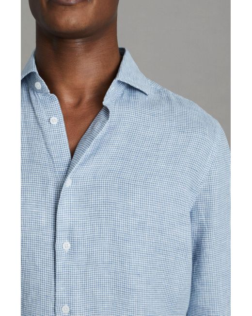 Reiss Gray Ruban - Soft Blue Puppytooth Linen Button-through Shirt for men