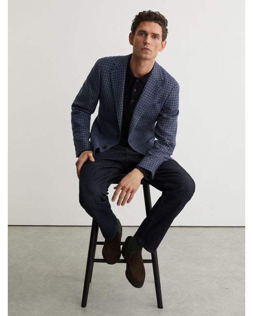 Reiss Blue Wool-Blend Single-Breasted Check Blazer With Linen for men