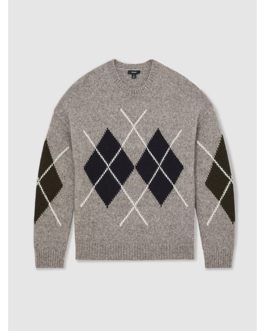 Reiss Gray Wool-Blend Crew-Neck Argyle Jumper for men