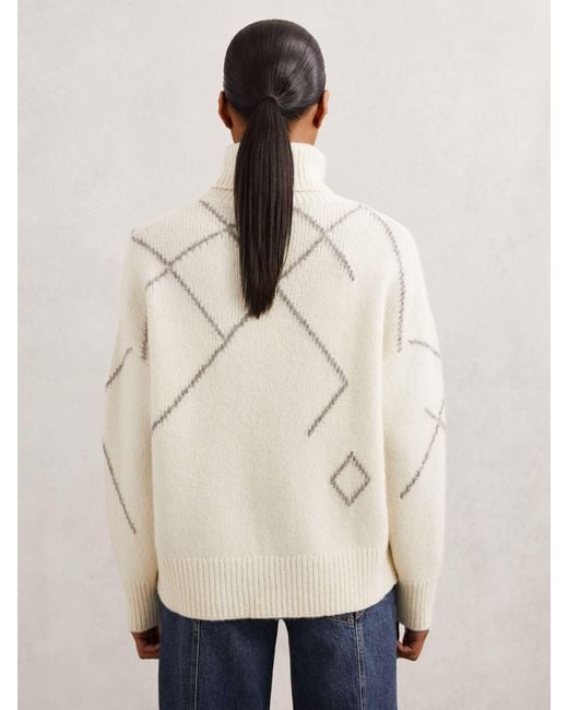 Reiss Natural Cream & Taupe Wool-Blend Roll-Neck Argyle Jumper