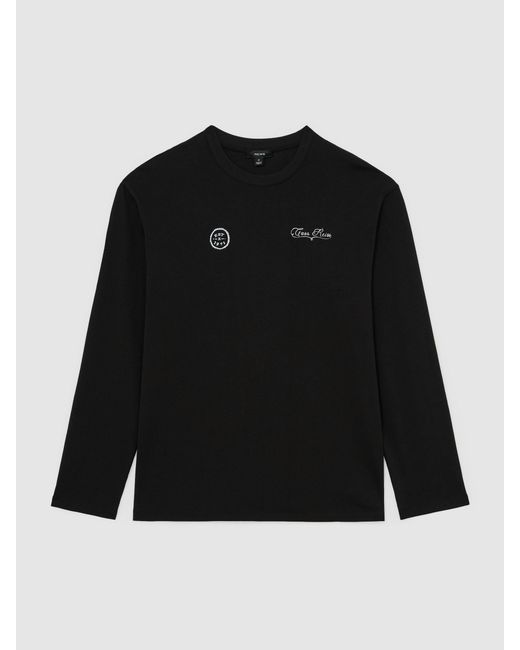 Reiss Black Cotton Motif Long-Sleeve Relaxed T-Shirt for men