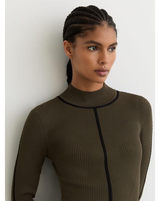 Reiss Natural Polly - Khaki Green Petite Contrast-stitch Knitted Midi Dress, S (us 4-6)