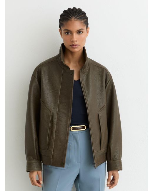 Reiss Brown Kiara - Khaki Green Oversized Grained-leather Bomber Jacket, Us 8