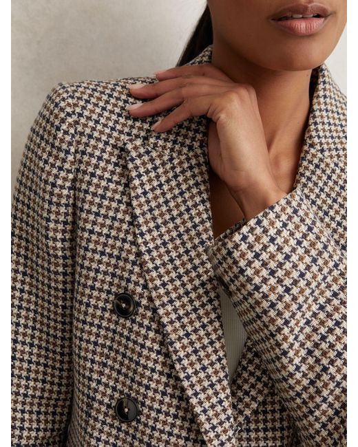 Reiss Natural Cotton-Linen Double-Breasted Houndstooth-Check Blazer