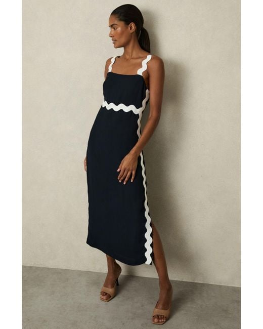 Reiss Blue Wave Trim Crepe Midi Dress