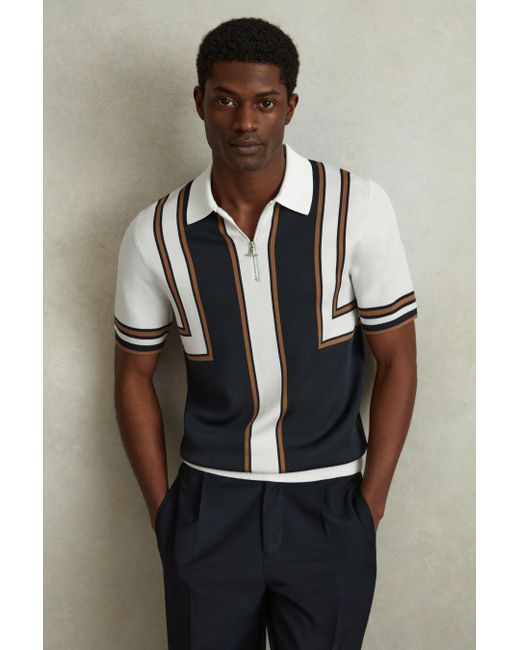 Reiss Black Orion - Navy/white Knitted Half Zip Polo Shirt, Xxl for men
