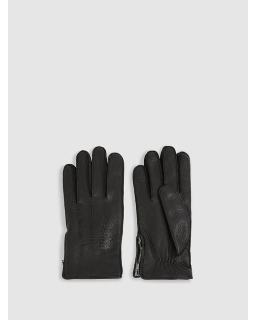 Reiss Black Leather Zip-Side Gloves for men
