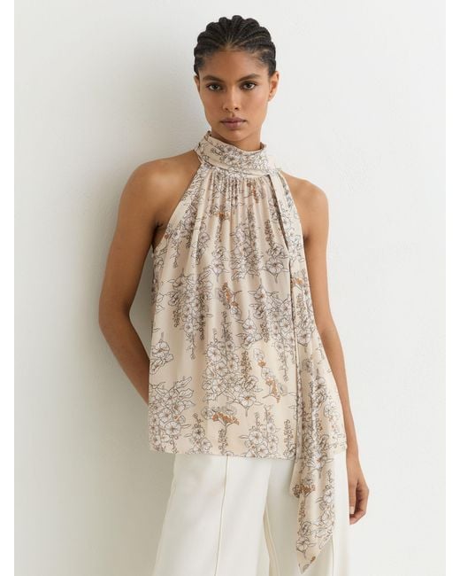 Reiss Natural Floral-Print Scarf-Neck Top