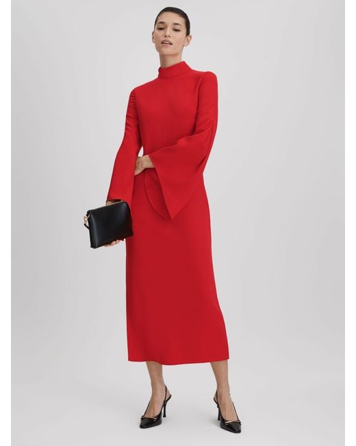 Reiss Katya - Red Flute Sleeve Bodycon Midi Dress, Us 0
