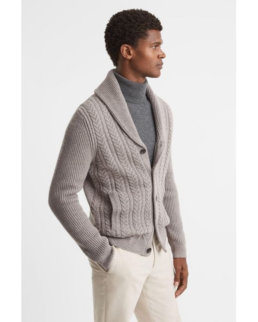 Reiss Ashbury Mink Melange Cable Knitted Cardigan in Grey for