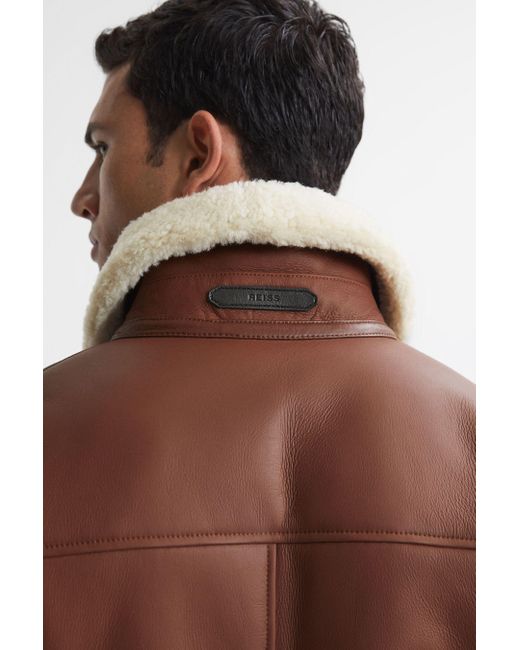 Reiss Atlanta - Brown Leather Shearling Button-through Jacket, S for men