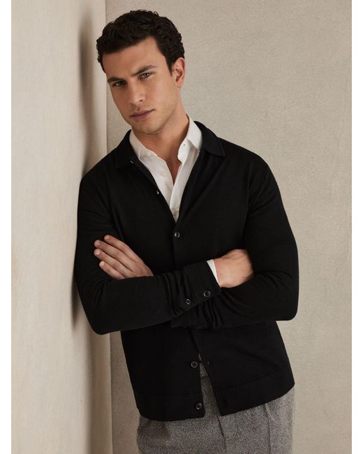 Reiss Black Merino Wool Button-Through Cardigan for men