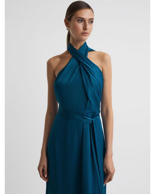Reiss Blue Satin Halter Neck Fitted Midi Dress