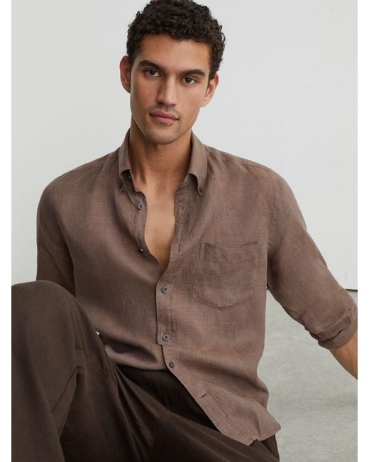 Reiss Multicolor Queens - Espresso Brown Linen Regular-fit Button-down Shirt, S for men
