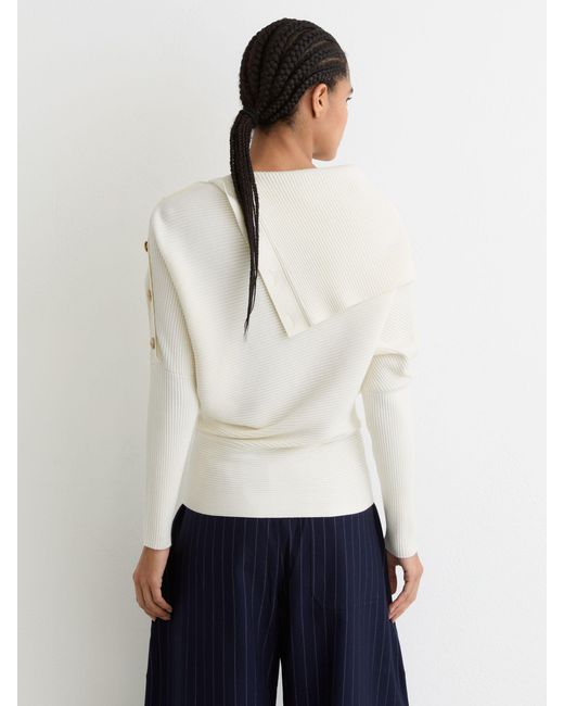Reiss White Lexi - Ivory Rib-knit Button Shawl Jumper, Small (us 4-6)