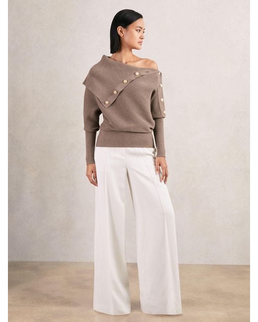 Reiss Brown Rib-Knit Button Shawl Jumper