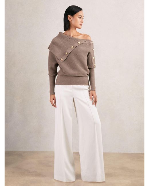 Reiss Brown Rib-Knit Button Shawl Jumper