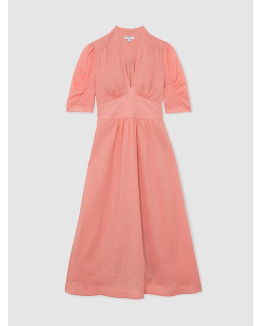 Reiss Poppy - Pink Short-sleeve Waisted Midi Dress, Us 12
