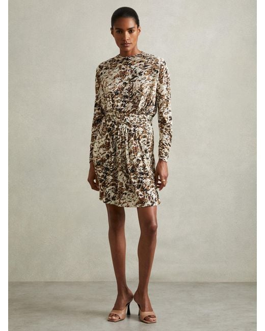 Reiss Natural Khaki & Cream Floral Print Jersey Dress