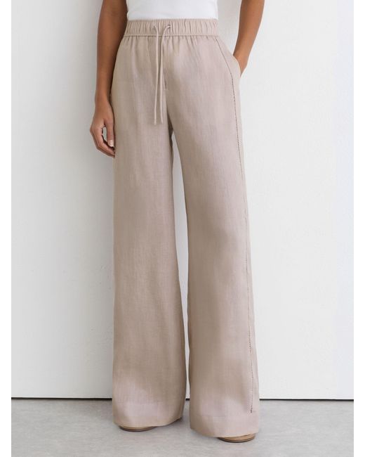 Reiss Natural Linen Ladder-Embroidery Wide-Leg Trousers