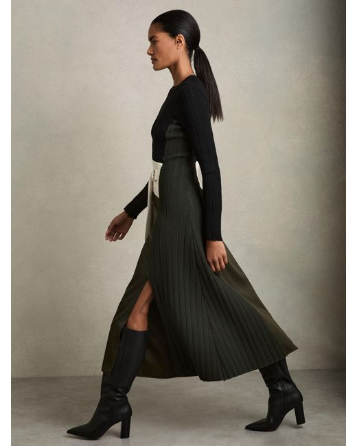 Reiss Natural Khaki & Rib Knit Belted Midi Dress