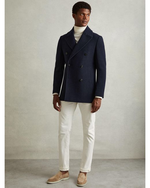 Reiss Blue Wool Blend Double Breasted Peacoat for men