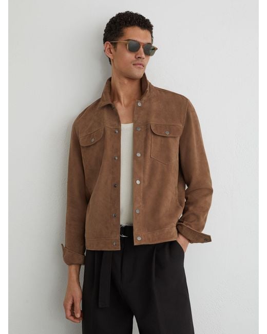 Reiss Brown Suede Press-Stud Twin-Pocket Jacket for men