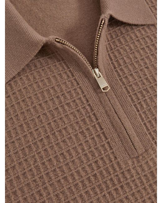 Reiss Brown Wool Waffle-Knit Half-Zip Polo Shirt for men